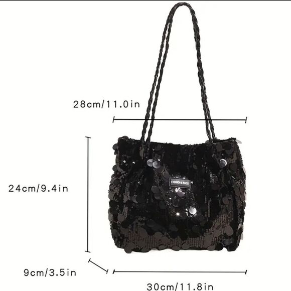 Black Sequins Shoulder Tote Bag - Picture 3 of 4